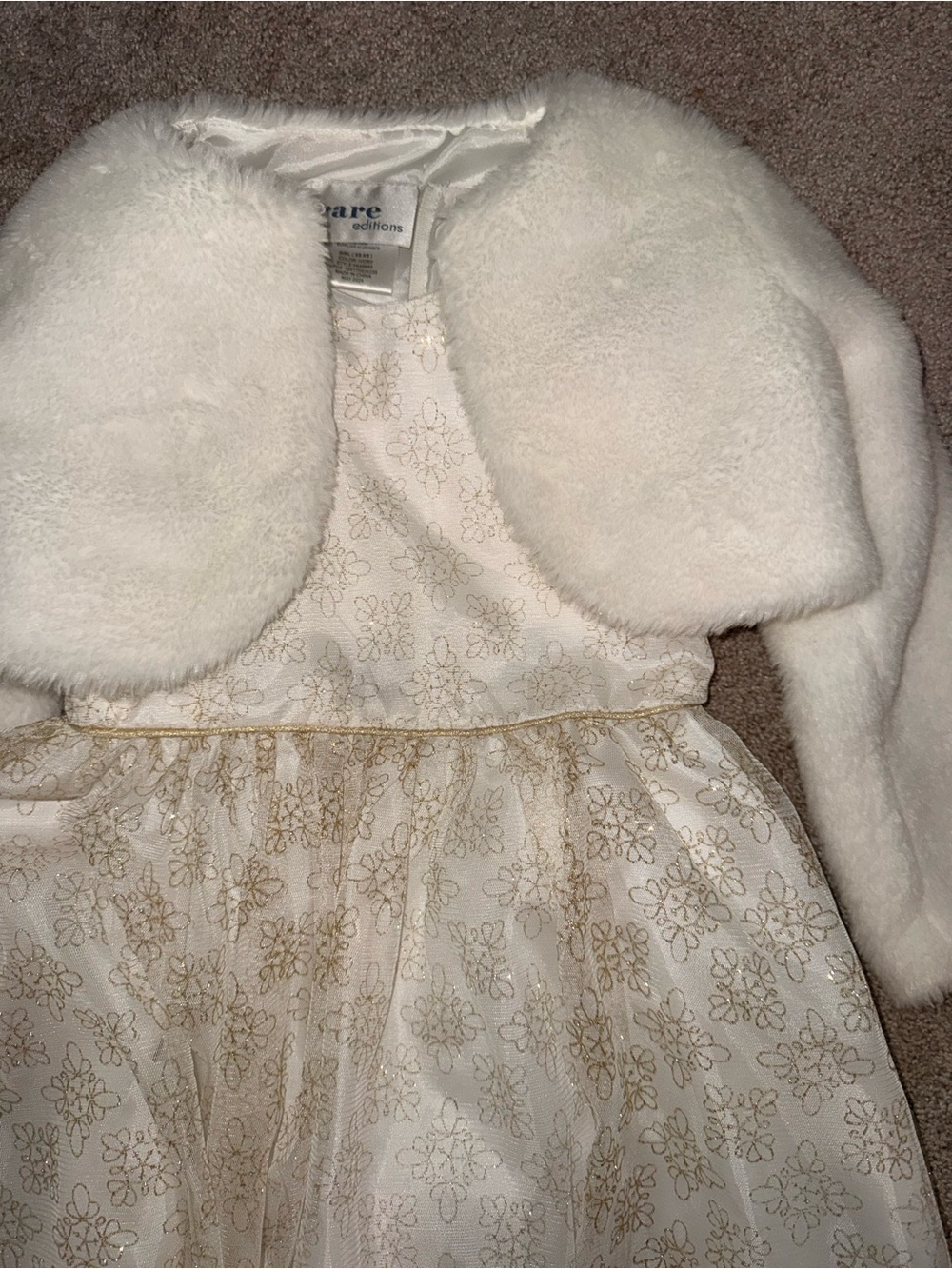 Cherokee White and Gold Floral Tulle Dress with Faux Fur Shrug